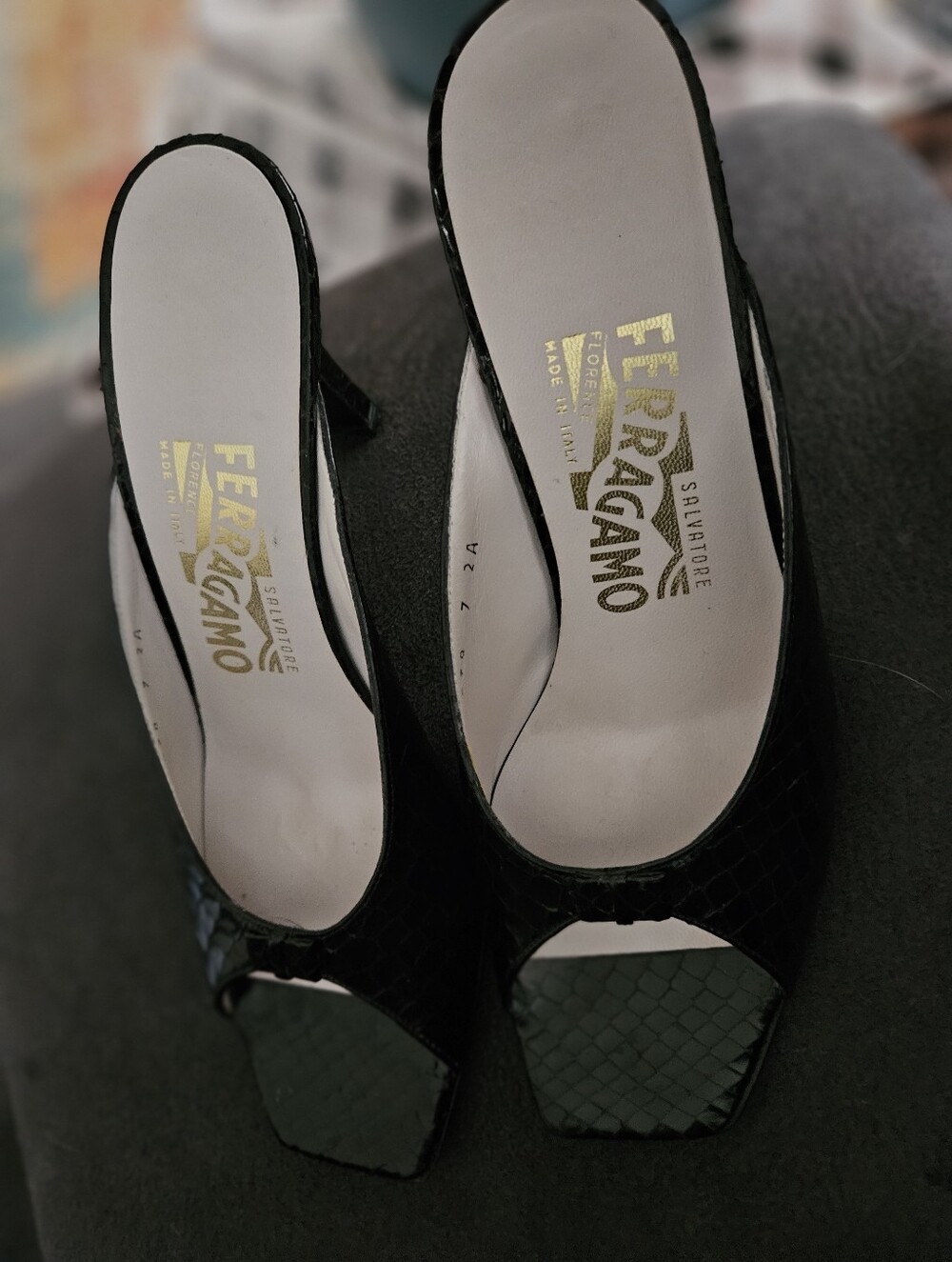 Salvatore Ferragamo Black Open-Toe Slip On Black Sandals Kitten Heel Authentic